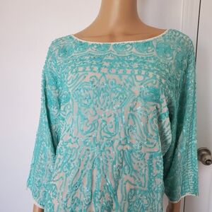 100% Silk Light Aqua Sequin Open Back Pullover Top